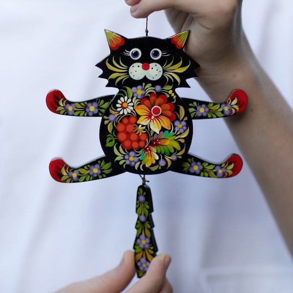 Jumping Jack Cat toy wooden handmade Cat figure decoration for children's rooms Cat lover gifts Unique Ukrainian hand painted cat ornament