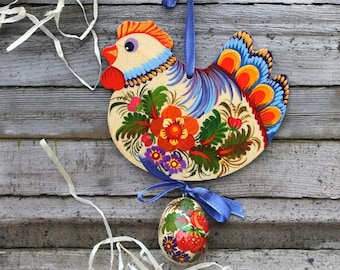 Chicken Easter decoration with small Easter egg fine hand painted Wooden chicken Ornament Ukrainian handmade