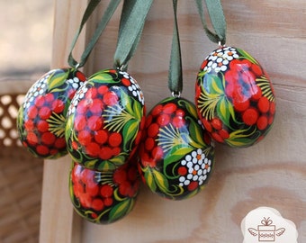 Ukrainian Easter eggs 5 pcs Set, Mini eggs hand painted small Easter eggs ornaments with red berries, traditional Petrykivka-painting