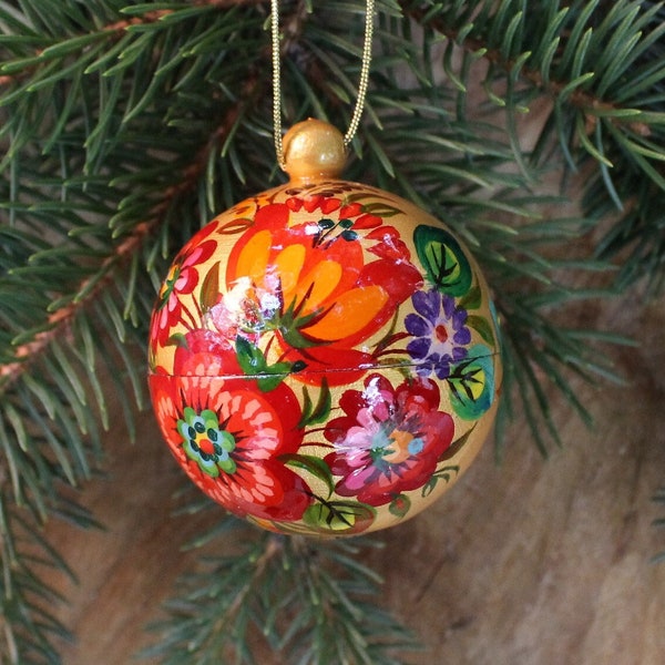 Kleine Weihnachtskugeln handbemalt mit Blumenmuster - aus Holz, öffnet sich, befüllbar - besondere Holz - Christbaumkugeln, Kunsthandwerk