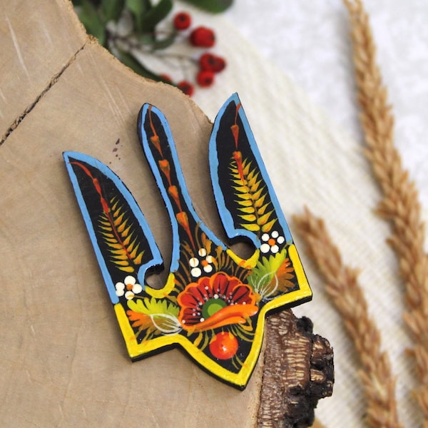 Tryzub Magnet Ukrainischer Dreizack Kühlschrank Ukrainischer Christbaumschmuck Fenster Deko. Als Symbol der Freiheit. Petrykiwka-Malerei