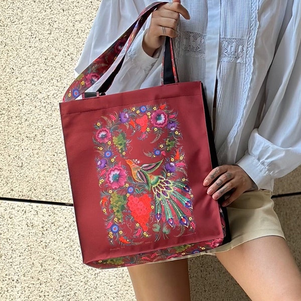 Ukrainian Folk Art Design Shopping Bag with a Unique Print of Petrykivka Art painting Trendy Shopper in national style collection