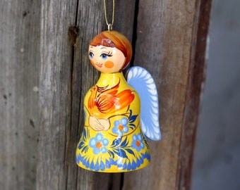 Traditional made Christmas angel bell ornaments, decorative bell hand painted, original ukrainian Christmas ornament pretty angel of wooden