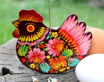 Hand painted wooden chicken - original wooden Easter ornaments - handicrafted easter deco, traditional ukrainian paynting, Petrykivka