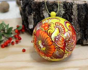 Hand painted Christmas ball openable wooden handmade with original Petrykivka painting, unique handpainting, special Christmas decoration