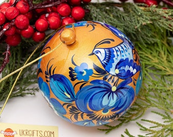 Exclusive golden Christmas balls, openable wooden hand made with Petrykivka, original christmas decoration, handycrafted christmas gifts