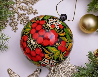 Wooden Christmas ball and box for gifts hand painted in Petrykivka style, original wooden christmas ornament, ukrainian christmas gifts