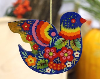 Bird ornaments - original hand painted birds decorations Easter bird wooden animal decorations, traditional ukrainian artisanat Petrykivka