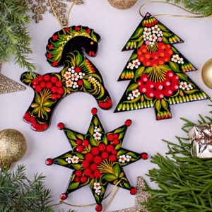 Handmade wooden Christmas ornaments Horse, Star, Tree wooden Christmas decorations hand painted in ukrainian tradition Petrykivka painting