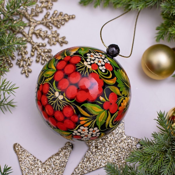 Wooden Christmas ball and box for gifts hand painted in Petrykivka style, original wooden christmas ornament, ukrainian christmas gifts