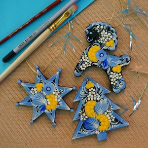 Handmade wooden Christmas ornaments Horse, Star, Tree wooden Christmas decorations hand painted in ukrainian tradition Petrykivka painting