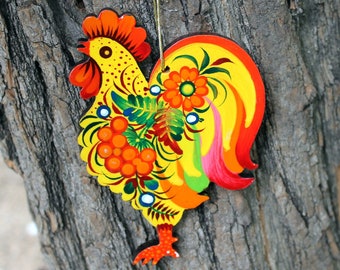 Rooster ornaments in wood, original wooden Easter decorations- Chickens easter decorations, traditional ukrainian painting, Petrykivka