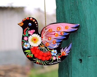 Bird ornaments - original hand painted birds decorations Easter bird wooden animal decorations, traditional ukrainian artisanat Petrykivka