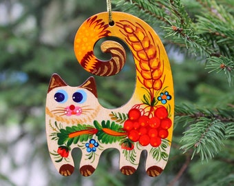 Hand painted Christmas ornaments cats wooden animal Christmas decorations, traditional ukrainian painting Petrykivka with floral patterns