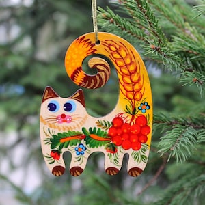 Hand painted Christmas ornaments cats wooden animal Christmas decorations, traditional ukrainian painting Petrykivka with floral patterns