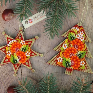 Original hand painted Christmas ornaments, Christmas star, tree, wooden christmas decorations, unique handcrafted wooden ornaments