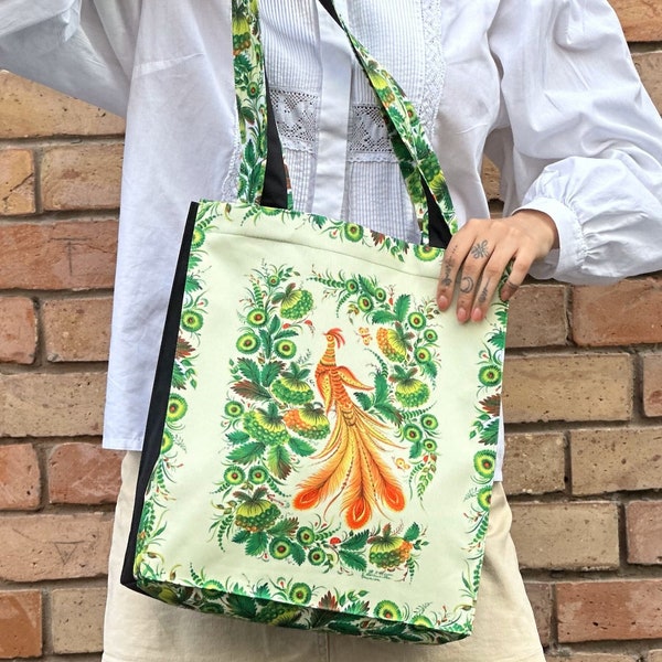Einkaufstasche mit einzigartigem ukrainischem Druck der Petrykiwka-Malerei Tote Shopper Bag Künstlerische Design-Tasche