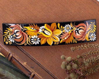 Large wooden hair clip hand painted with floral colorful painting, Ukrainian Boho Oval Hair Accessory rustic folk traditional style