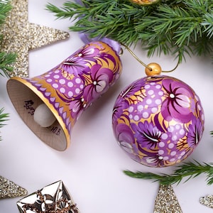 Exclusive handmade Christmas ornaments set wood, Hand painted Christmas ball 5,5 cm openable and Christmas bell 6.5 cm decoration Ukrainian