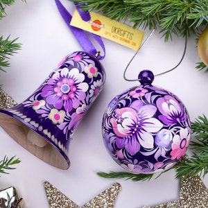 Unique handmade Christmas ornaments set of wood, Hand painted Christmas ball 5,5 cm openable and Christmas bell 6.5 cm decoration Ukrainian Purple