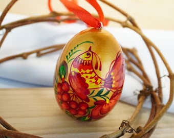 Hand painted Easter egg- Ukrainian easter eggs – pysanka-Eggs with Petrykivka painting-handcrafted Ukrainian egg with flowers, gold end red