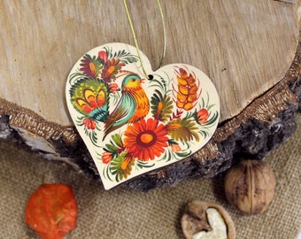 Heart ornaments - Ukrainian hand painted Easter decorations wooden hearts decorations with bird, traditional Petrykivka painting