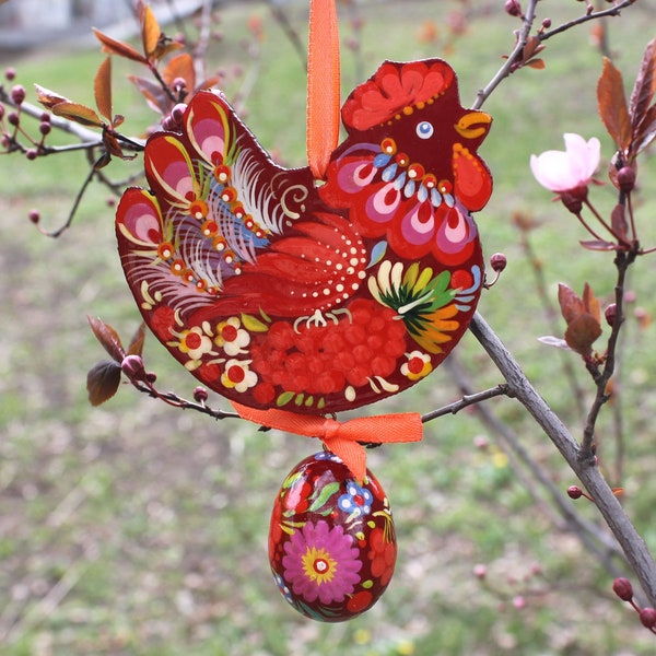 Chicken ornament with small Ester egg -original wooden Easter decorations- handcrafted Easter Ukrainian ornaments