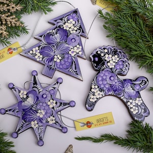 Exclusive wooden Christmas ornaments Horse, Star, Tree wooden Christmas decorations hand painted in ukrainian tradition Petrykivka painting