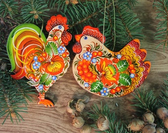 Hand painted Christmas ornaments wooden Rooster and Chicken traditional original Christmas decorations with Petrykivka painting handcrafted