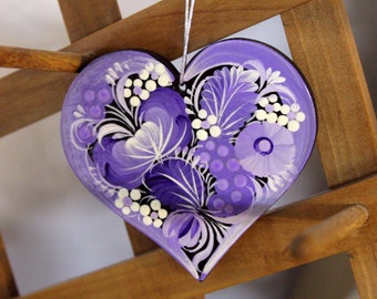 Ukrainian yellow-blue Heart Car Hanging - Ukrainian hand painted Easter, Christmas or Car decorations of wood traditional Petrykivka painted