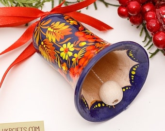 Christmas bell ornaments Wooden bells tree decoration Handmade ukrainian Petrykivka painting. Ethno-Style Christmas ornaments Folk Art