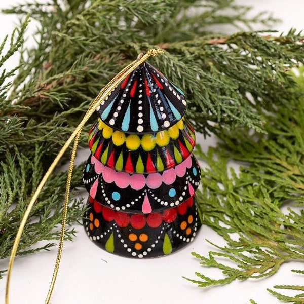 Wooden Christmas bell ornaments, handcrafted christmas tree decorations, hand painted wooden bell shaped as Christmas tree, bells collection