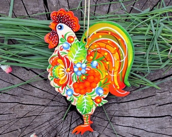 Pretty Rooster wooden ornaments original chicken Easter decorations- Chickens easter decorations, traditional ukrainian painting, Petrykivka