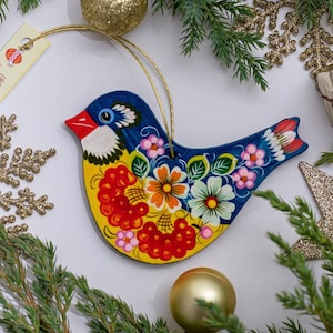 Ukrainian yellow-blue Bird Christmas tree hanging ornament or Easter Decoration- painted birds wooden traditional Ukrainian handicrafts