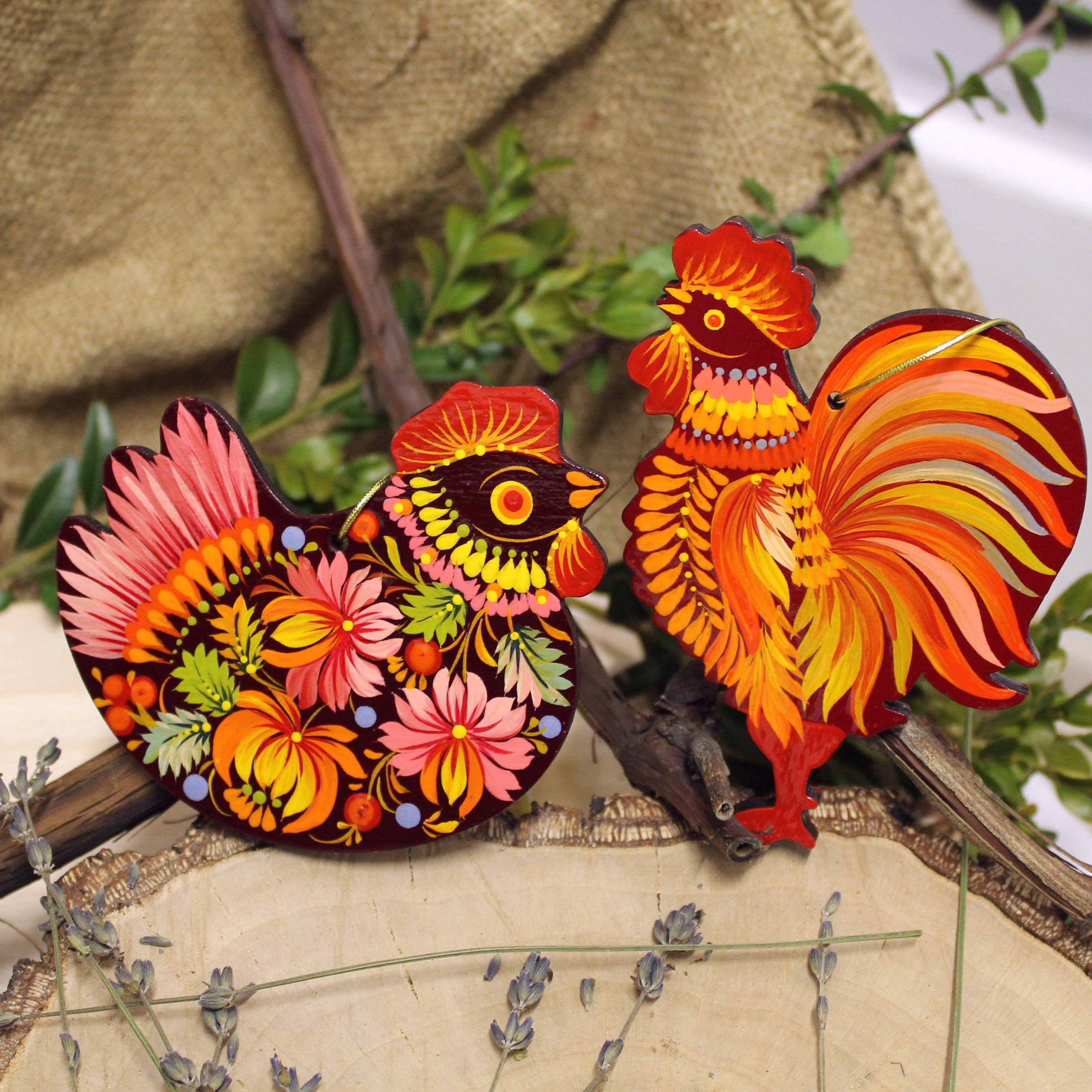 Rooster Christmas Ornaments Wooden Chicken Decorations Handmade