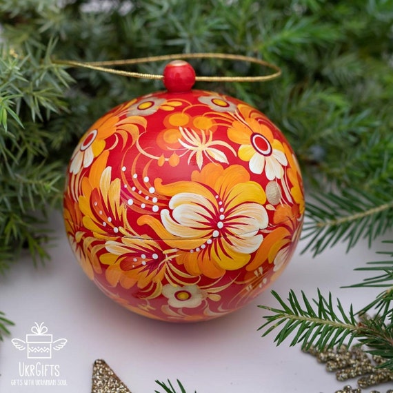Boule De Noël En Bois Peinte à La Main - 8cm, Style Khokhloma, Russie, Neuve
