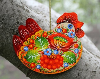 Huhn Osteranhänger aus Holz handbemalt, Osterdekoration für den Osterstrauß, Ukrainische Bauernmalerei - Hochwertiger Osterschmuck aus Holz