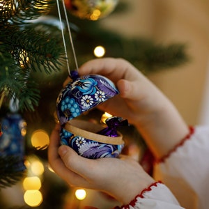 Unique handmade Christmas ornaments set of wood, Hand painted Christmas ball 5,5 cm openable and Christmas bell 6.5 cm decoration Ukrainian image 5