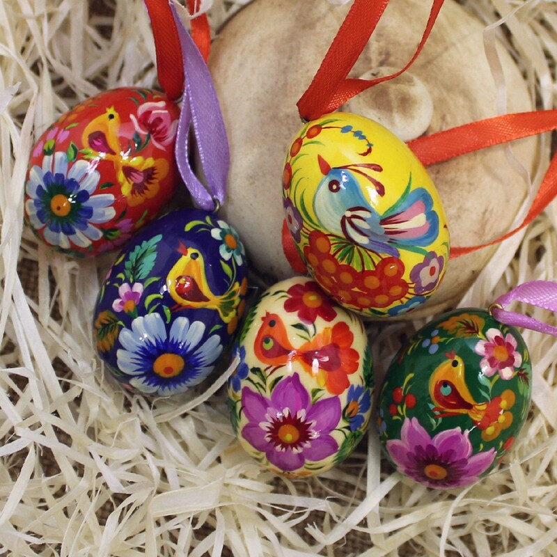 Set of Hand painted wooden Easter eggs with or without wooden stand / Petrykivka