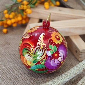 Unique Christmas Ball Hand-painted with Traditional Ukrainian Floral & Rooster Pattern Folk Art Handcrafted Wooden Openable Rustic Ornaments