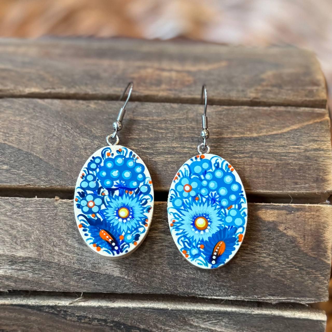 Wooden Earrings with Floral Patterns Handcrafted Folk Flowers Painted Ukrainian Art Petrykivka Original Traditional Style Boho Jewelry