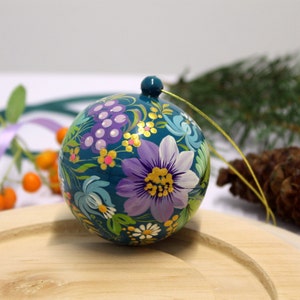 Exclusive Hand painted Christmas ball and box for a small gift with Petrykivka painting, original wooden Ukrainian Christmas ornament