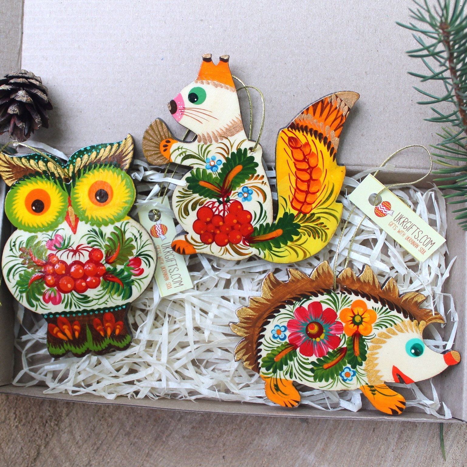 Animal Christmas Ornaments Wooden Set - Owl, Hedgehog, Squirrel