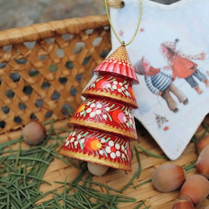 Cloches de Noël originales en bois sapins, décorations de Noël spéciales, cloches originales faites à la main, artisanat Red-gold