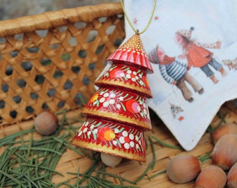 Christmas bell hand painted christmas ornaments, handcrafted christmas tree decorations, wooden bell shaped as Christmas tree, Petrykivka