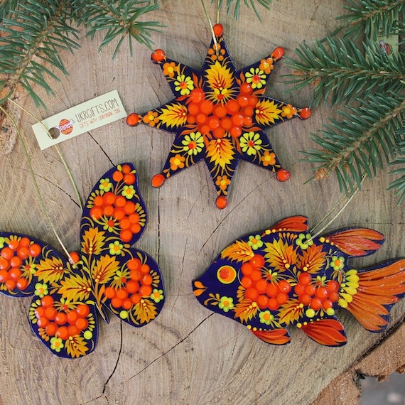 Wooden Christmas Animal Ornaments Hand Painted Set Fish Ornament