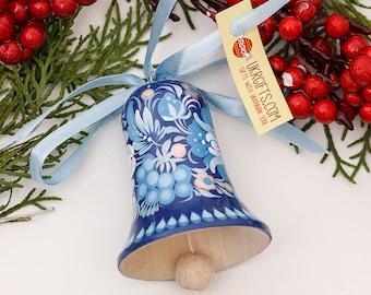 Xmas wooden bell ornaments, Christmas bell decorations handmade traditional ukrainian painting artisan folk art crafts Christmas ornaments