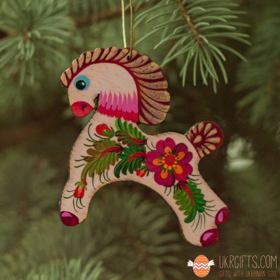 Rustikaler Weihnachtsschmuck Pferd besonderer Christbaumschmuck Tiere Nostalgischer Weihnachtsbaumschmuck Pferd Ukrainische Volkskunst