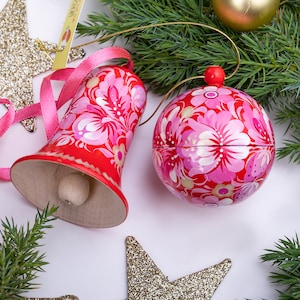 Unique handmade Christmas ornaments set of wood, Hand painted Christmas ball 5,5 cm openable and Christmas bell 6.5 cm decoration Ukrainian Pink