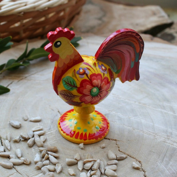 Décoration de Pâques coq en bois peint à la main, décoration de Pâques rustique, peinture paysanne ukrainienne, petit cadeau de Pâques, bel artisanat